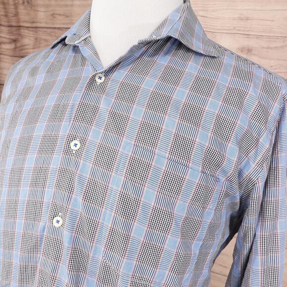 Peter Millar Shirt Mens Large Blue Brown Plaid Button Down Dress Cotton Check - Picture 2 of 8
